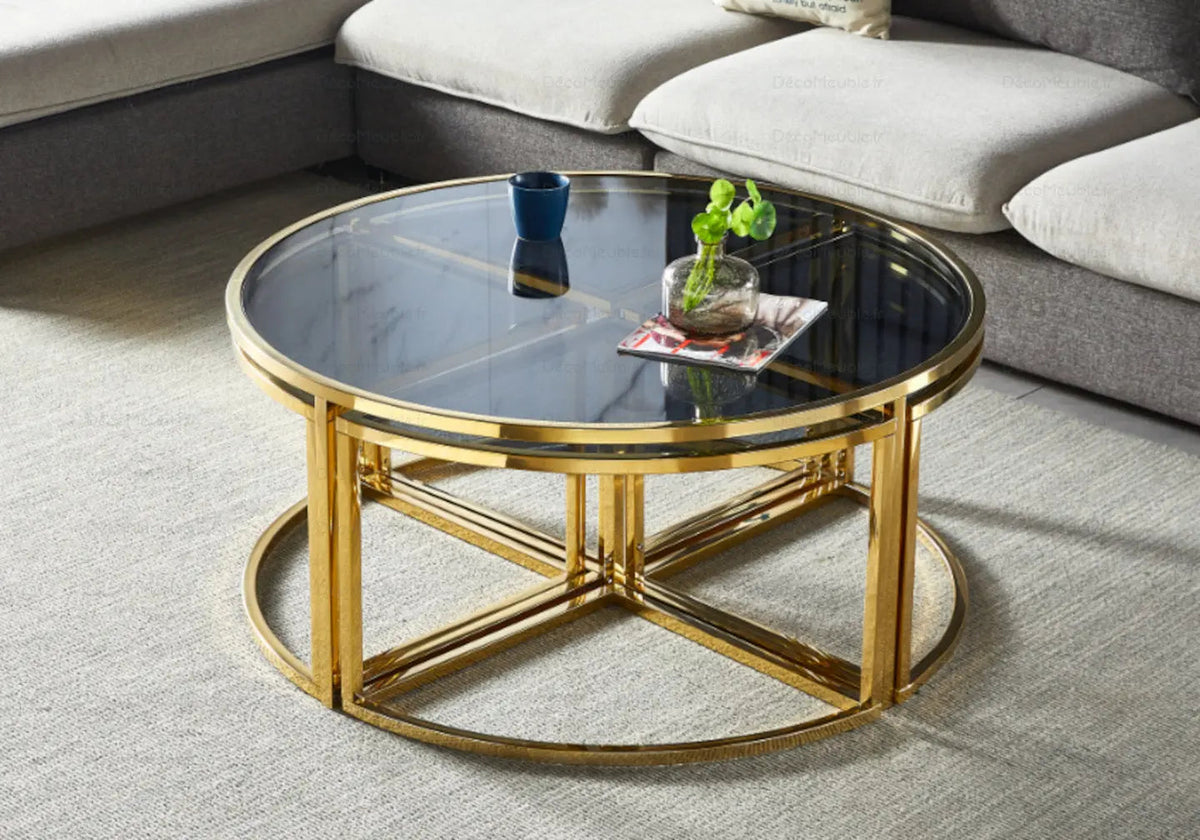 Tables gigognes rondes verre noir et métal doré | Xelo
