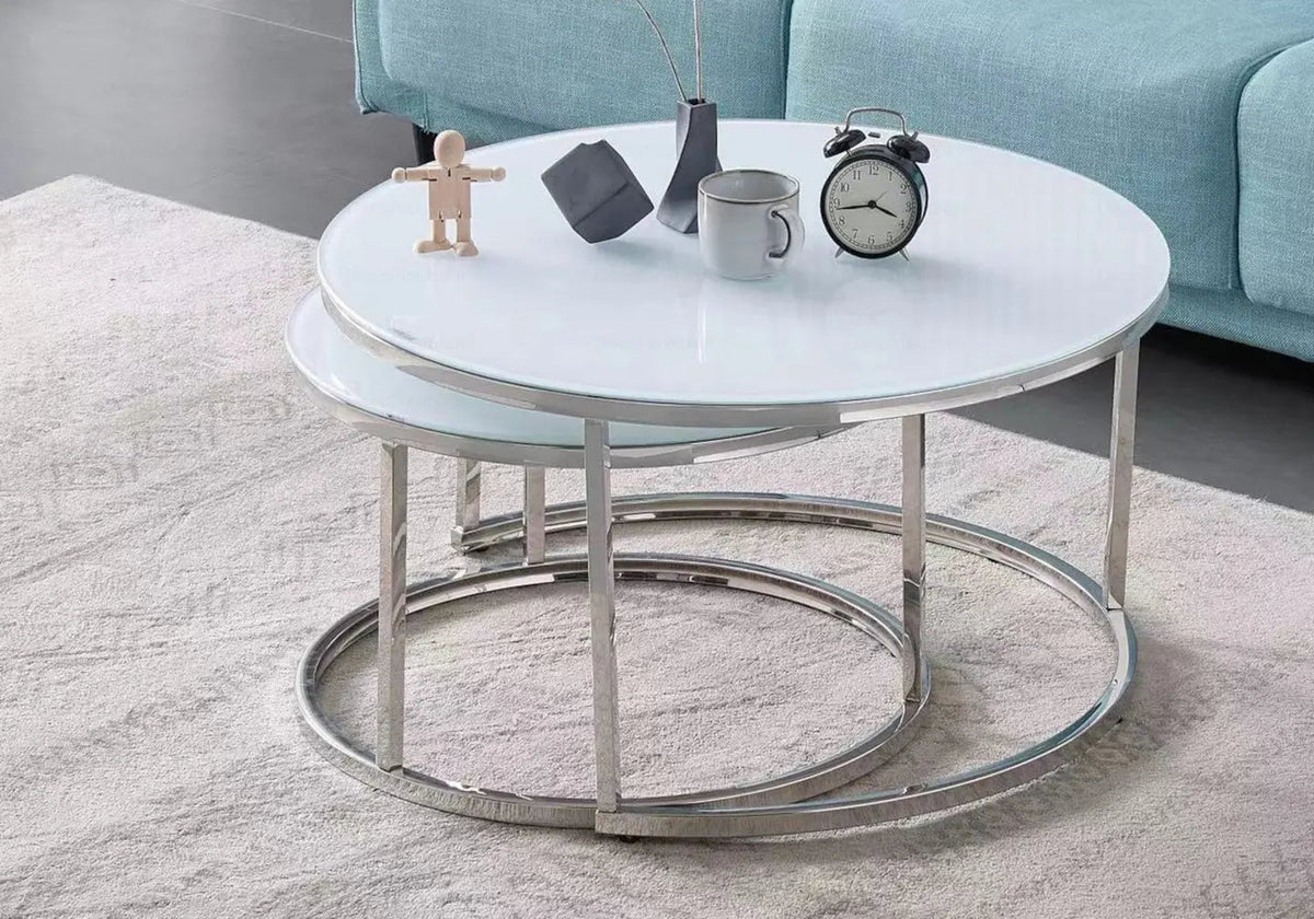 Tables gigognes verre trempé blanc et acier | Opal