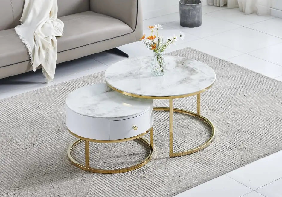 Tables basses gigognes marbre beige et dorées | Opal