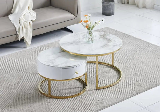 Tables basses gigognes marbre beige et dorées | Opal