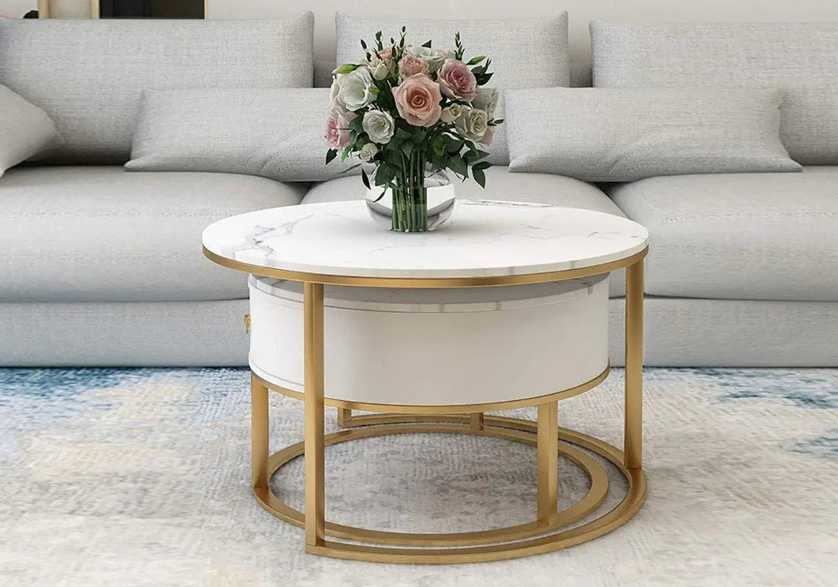 Tables gigognes rondes marbre blanc et dorées | Opal