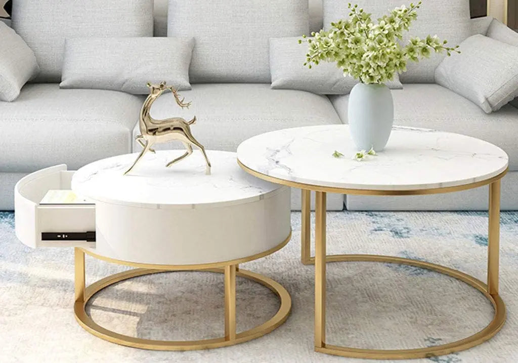 Tables gigognes rondes marbre blanc et dorées | Opal