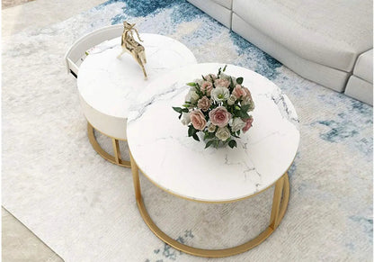 Tables gigognes rondes marbre blanc et dorées | Opal