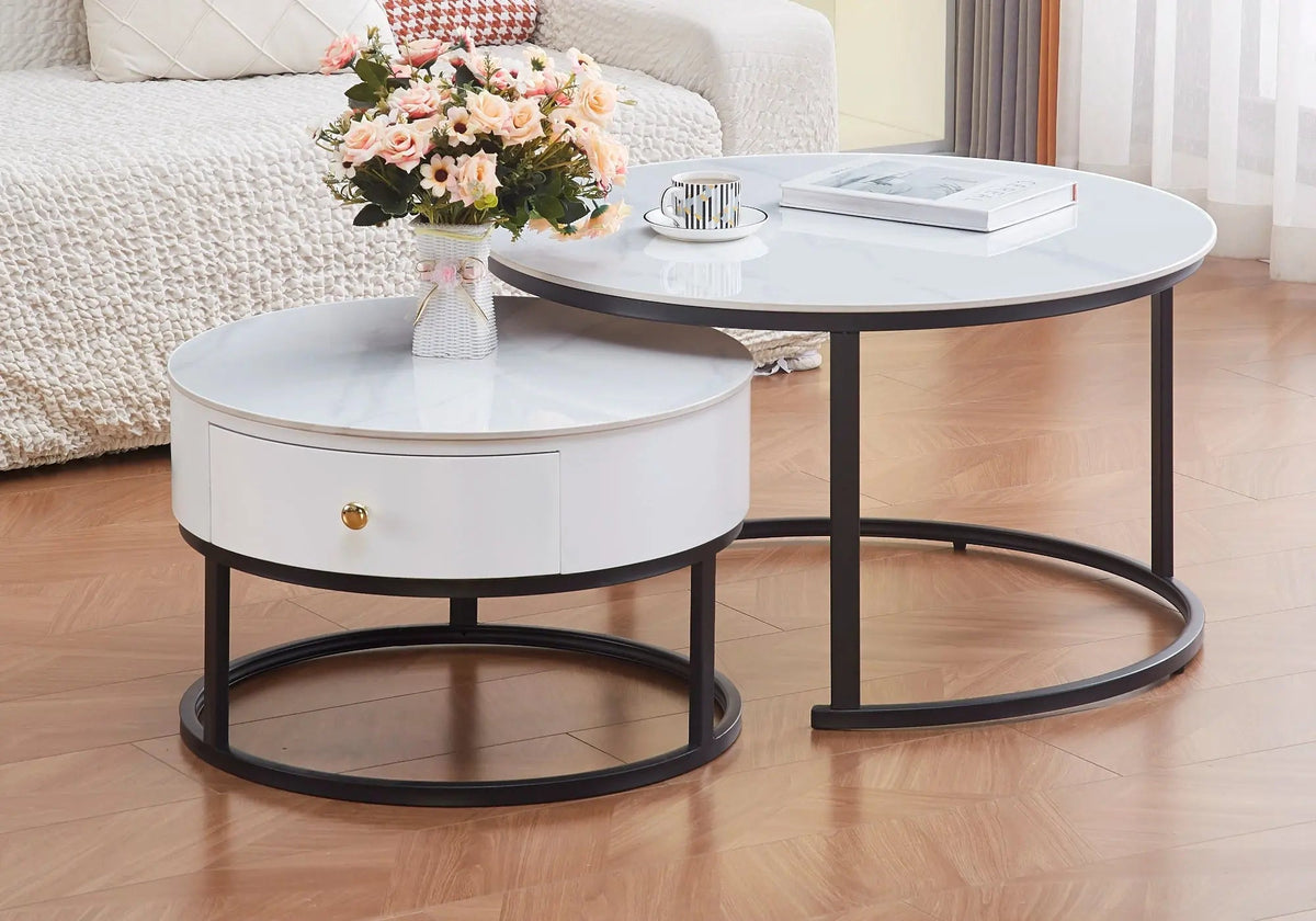 Tables rondes gigognes marbre blanc et métal noir | Opal