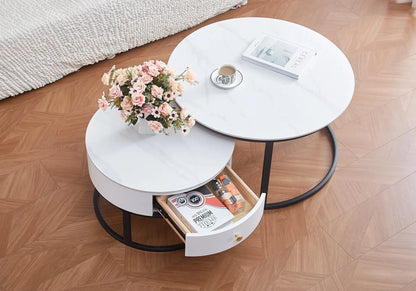 Tables rondes gigognes marbre blanc et métal noir | Opal