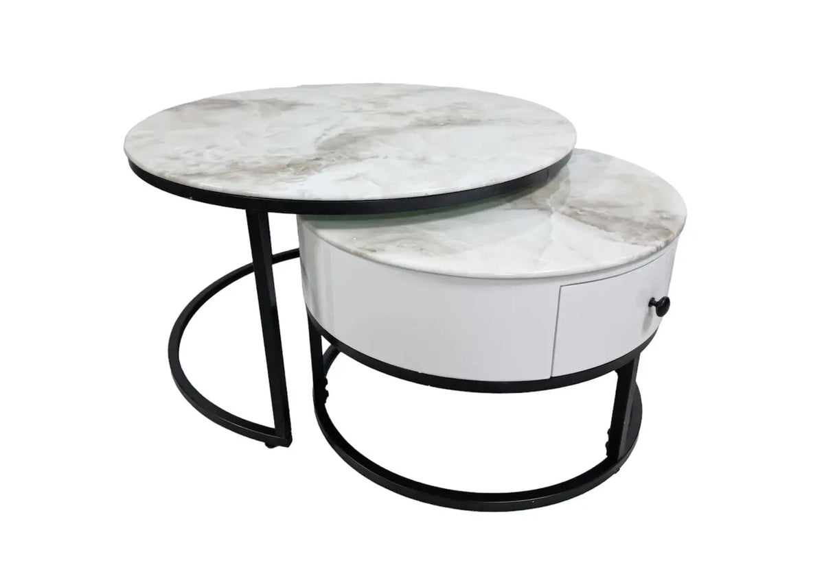 Tables rondes gigognes noires et marbre beige | Opal