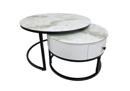 Tables rondes gigognes noires et marbre beige | Opal