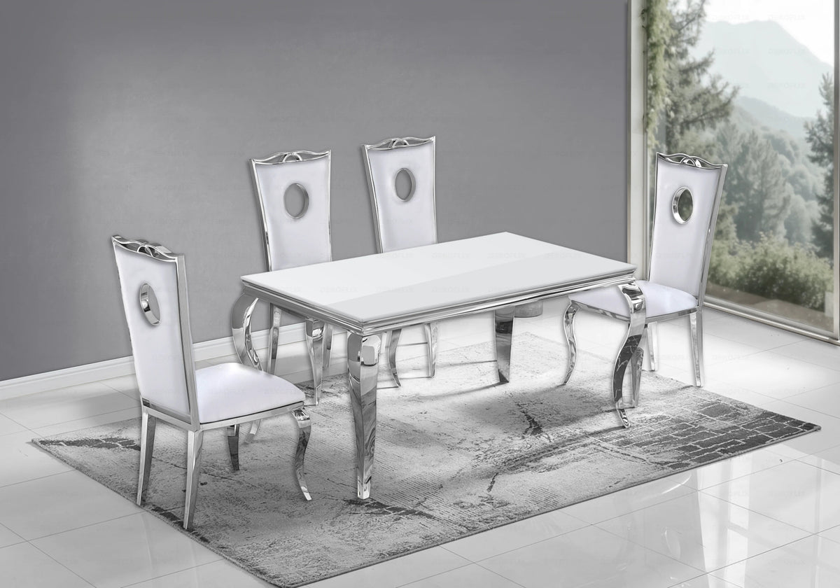 Ensemble table verre blanc et 4 chaises argent | Halo