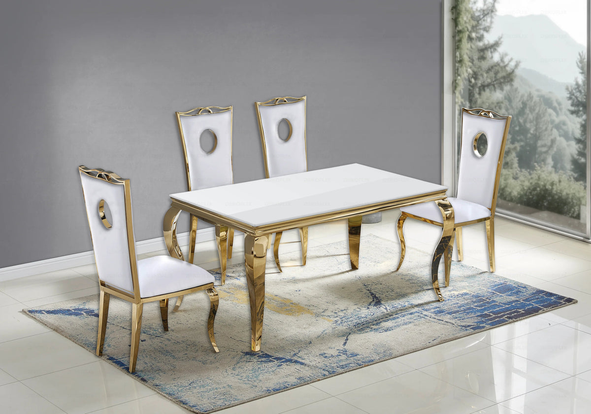 Ensemble table verre blanc et 4 chaises dorées | Halo