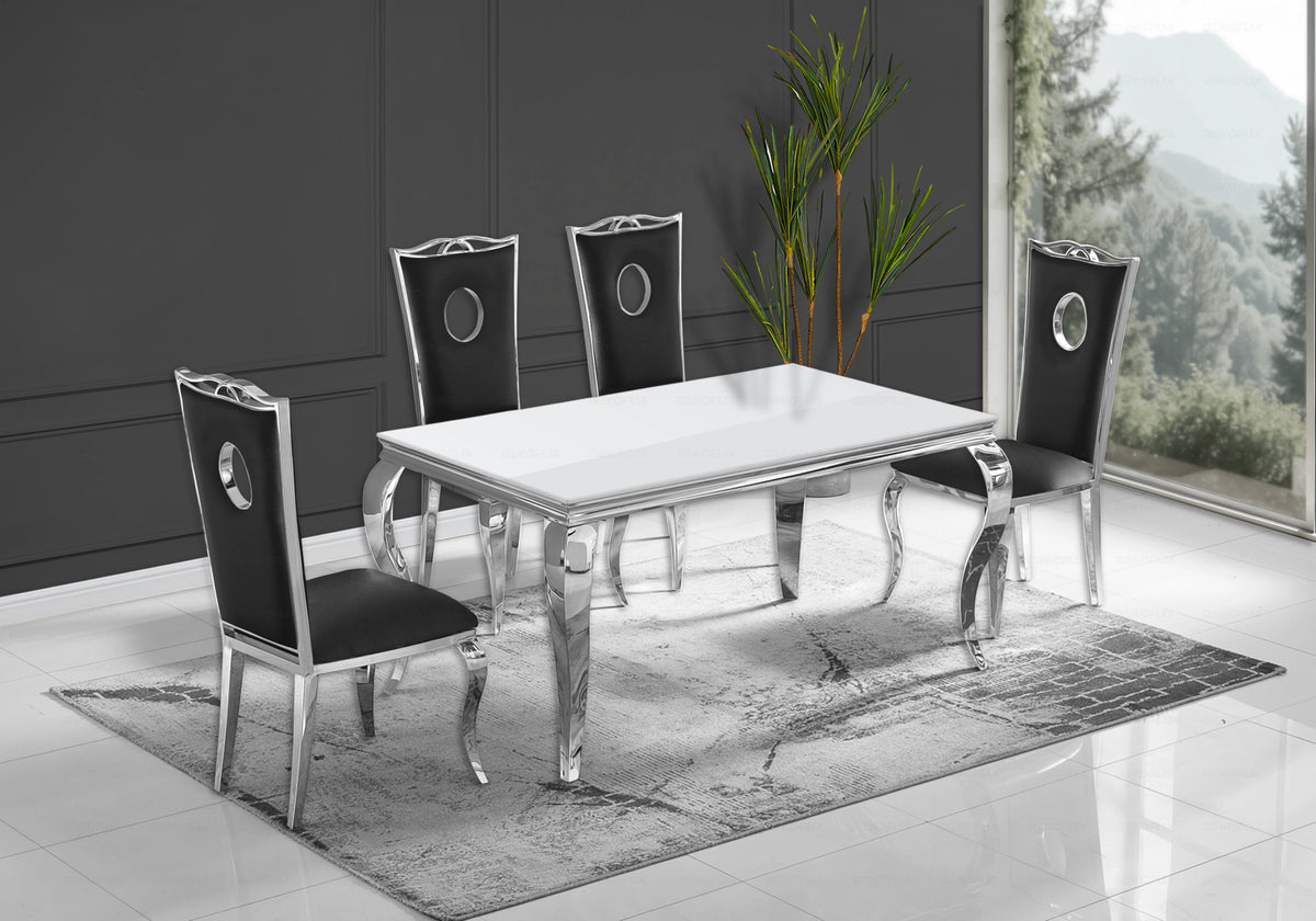 Ensemble table verre blanc et 4 chaises argent | Halo