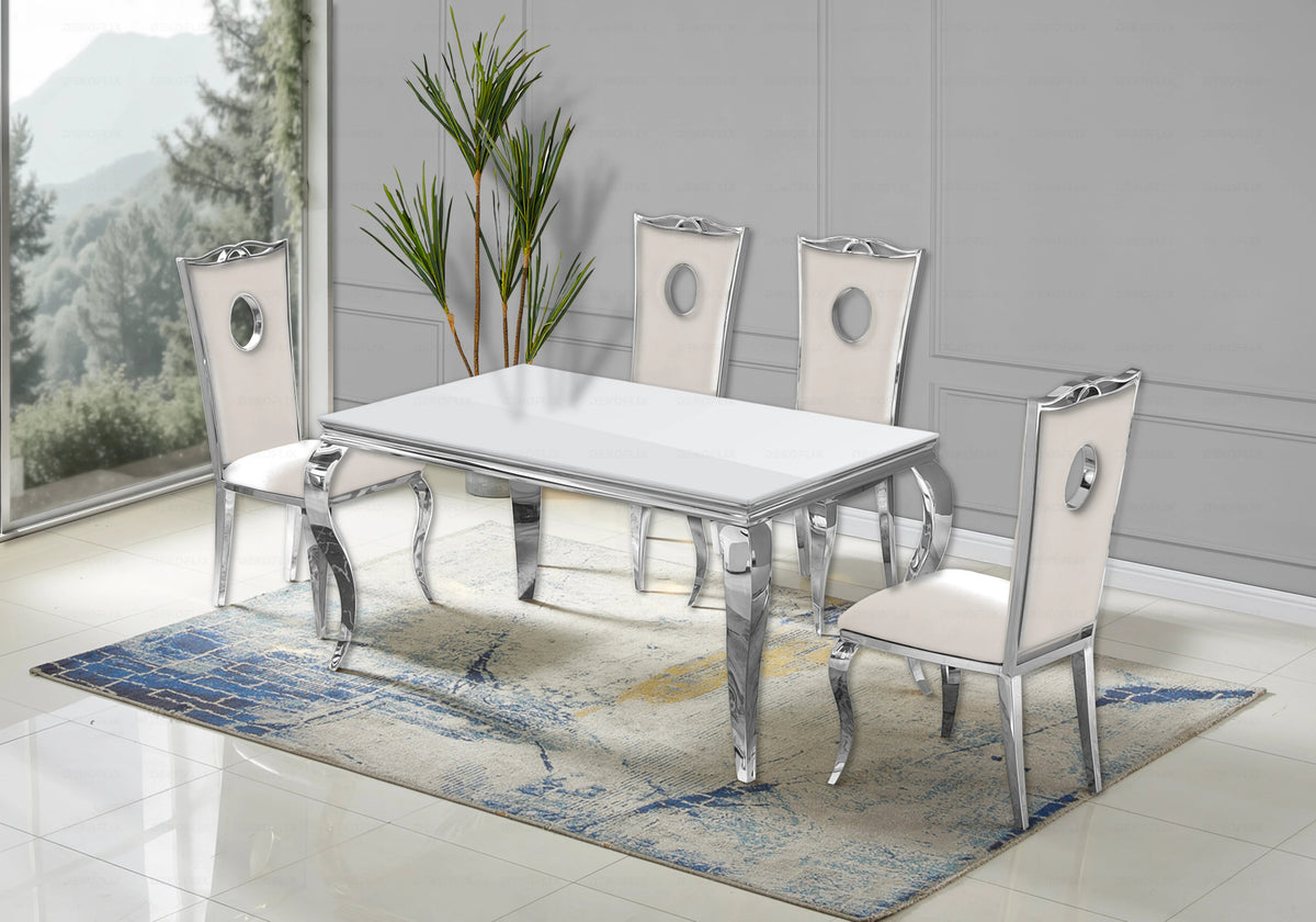 Ensemble table verre blanc et 4 chaises argent | Halo