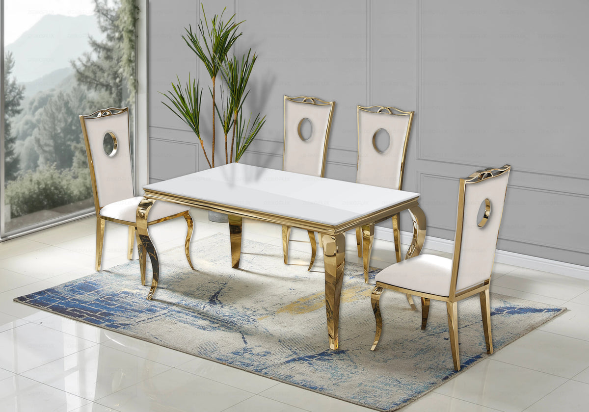 Ensemble table verre blanc et 4 chaises dorées | Halo