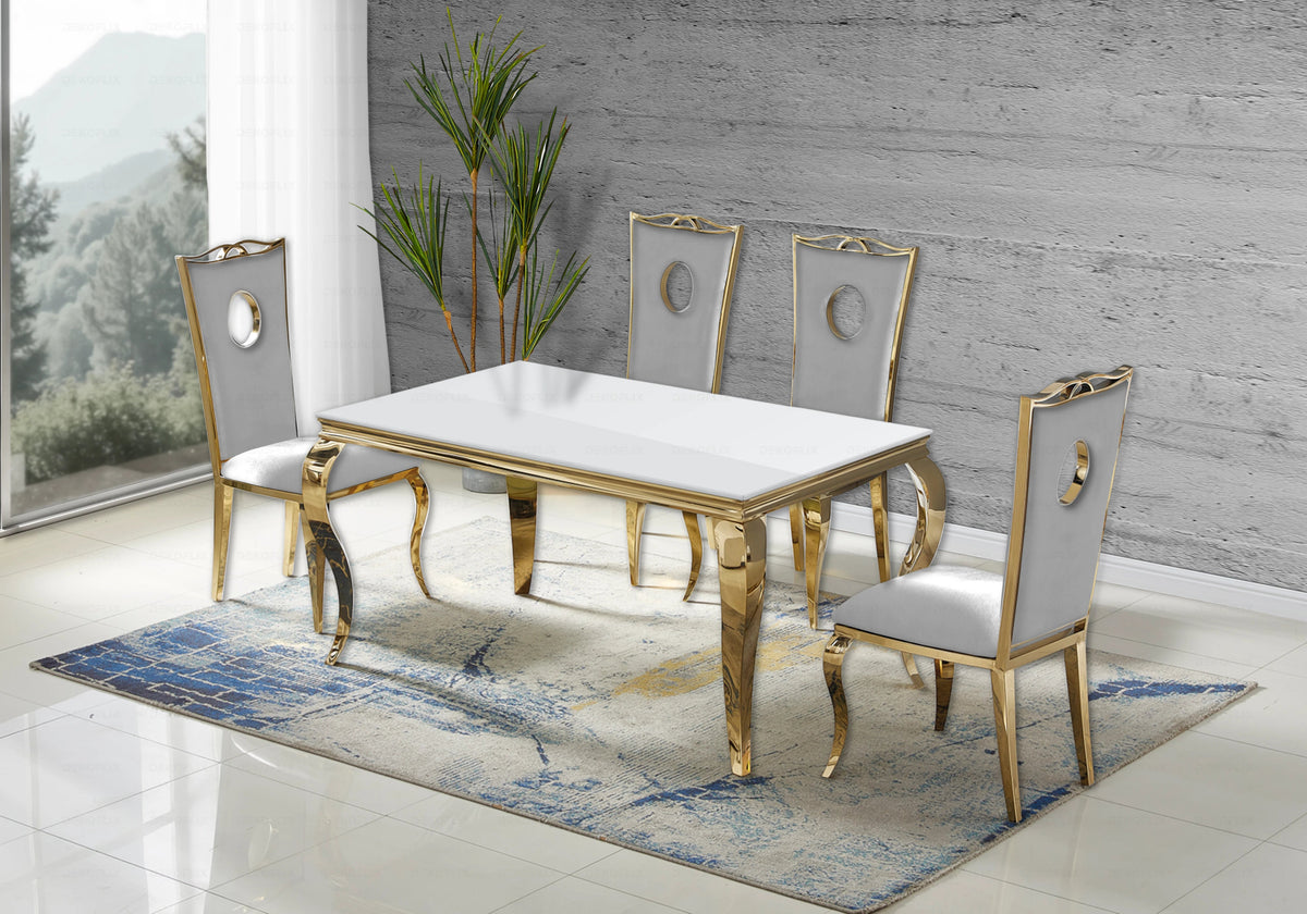 Ensemble table verre blanc et 4 chaises dorées | Halo