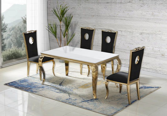 Ensemble table verre blanc et 4 chaises dorées | Halo