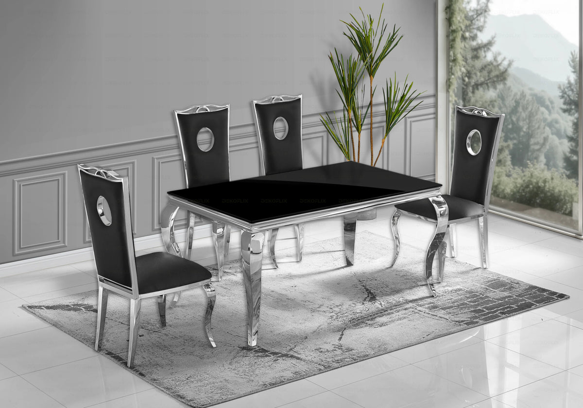 Ensemble table verre noir et 4 chaises argent | Halo