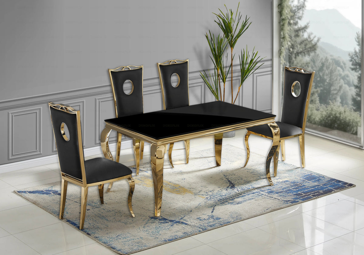 Ensemble table verre noir et 4 chaises dorées | Halo