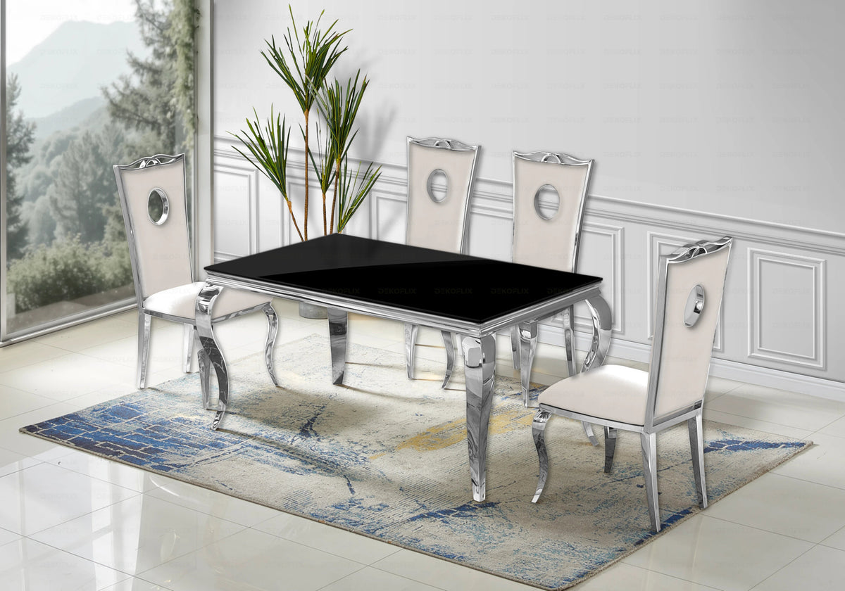 Ensemble table verre noir et 4 chaises argent | Halo