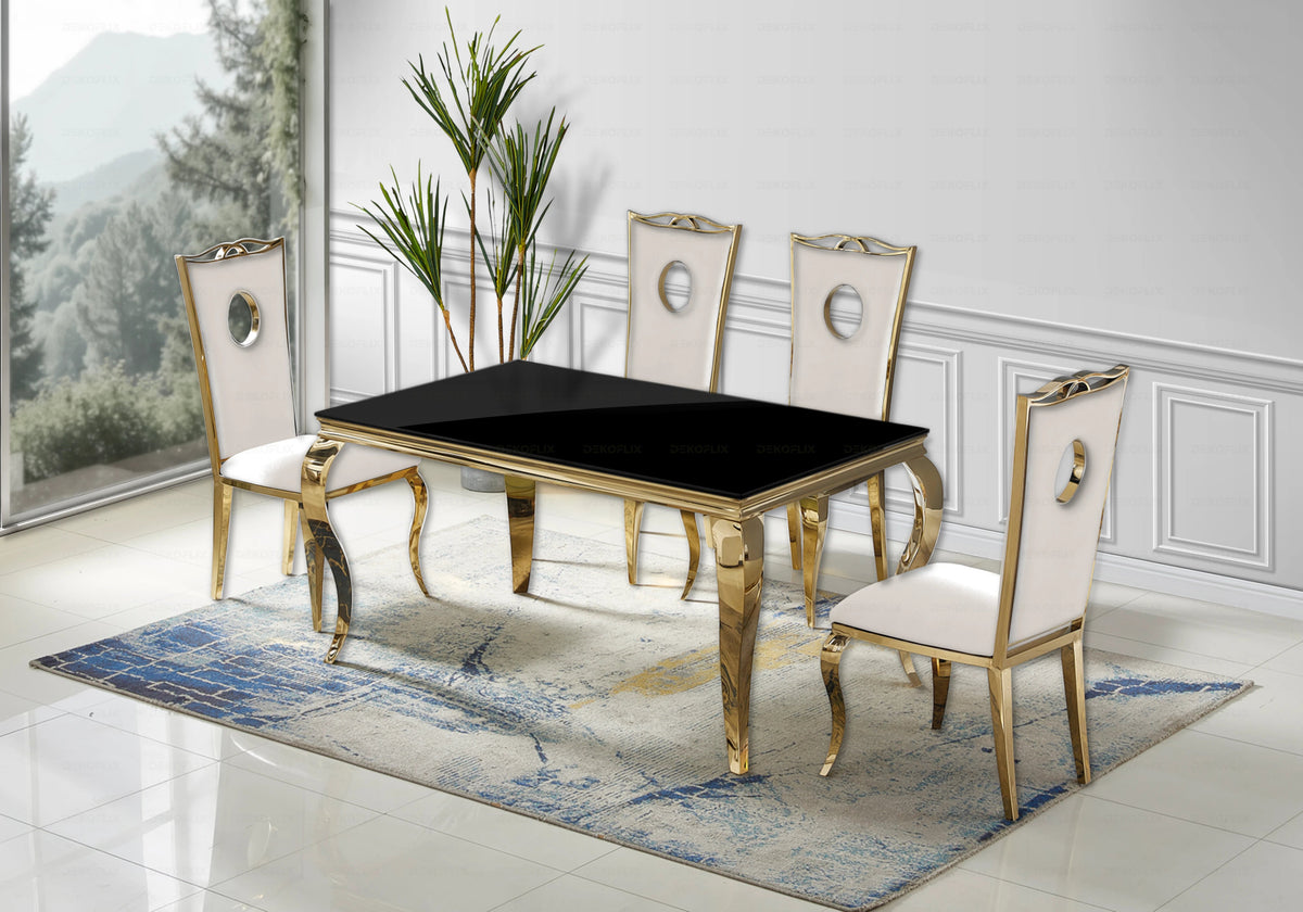 Ensemble table verre noir et 4 chaises dorées | Halo