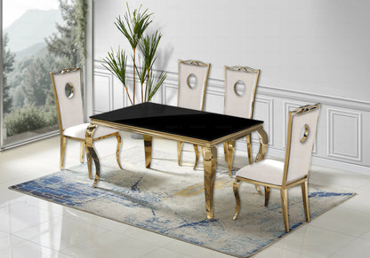 Ensemble table verre noir et 4 chaises dorées | Halo