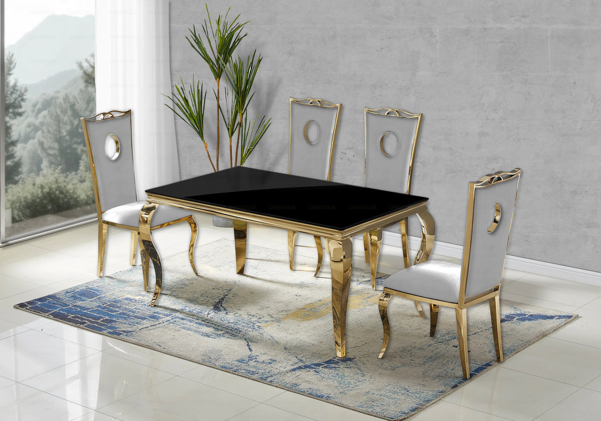 Ensemble table verre noir et 4 chaises dorées | Halo