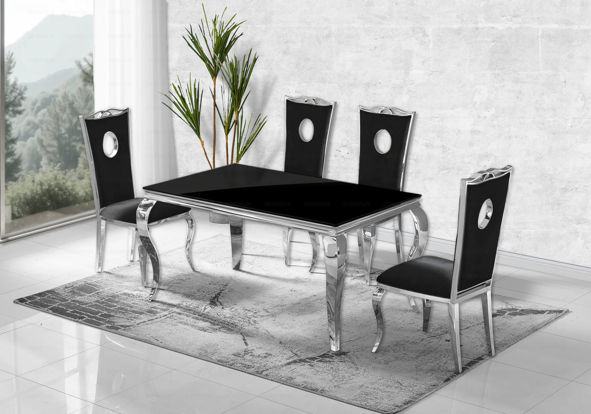 Ensemble table verre noir et 4 chaises argent | Halo
