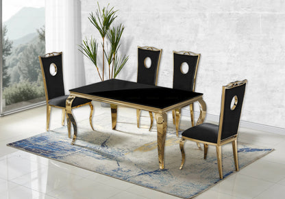 Ensemble table verre noir et 4 chaises dorées | Halo