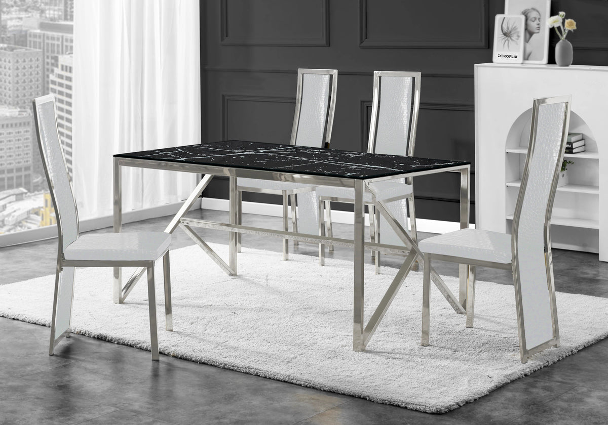 Table marbre noir et 6 chaises croco argent | Kiro