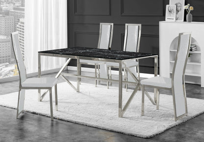 Table marbre noir et 6 chaises croco argent | Kiro