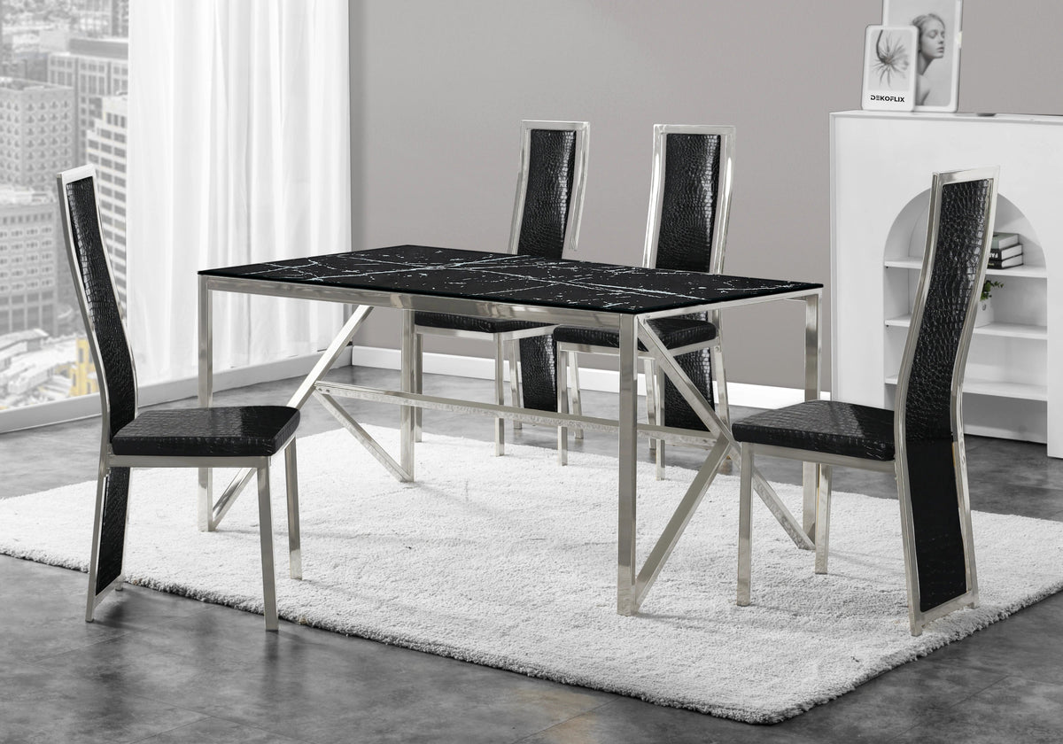 Table marbre noir et 6 chaises croco argent | Kiro