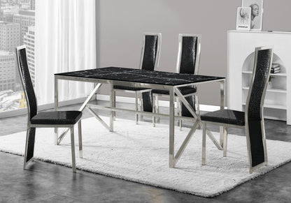 Table marbre noir et 6 chaises croco argent | Kiro