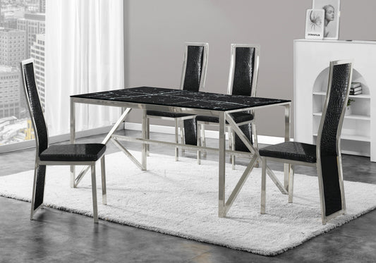 Table marbre noir et 6 chaises croco argent | Kiro
