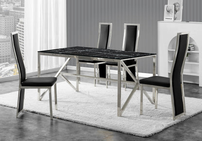 Table marbre noir et 6 chaises simili-cuir argent | Kiro