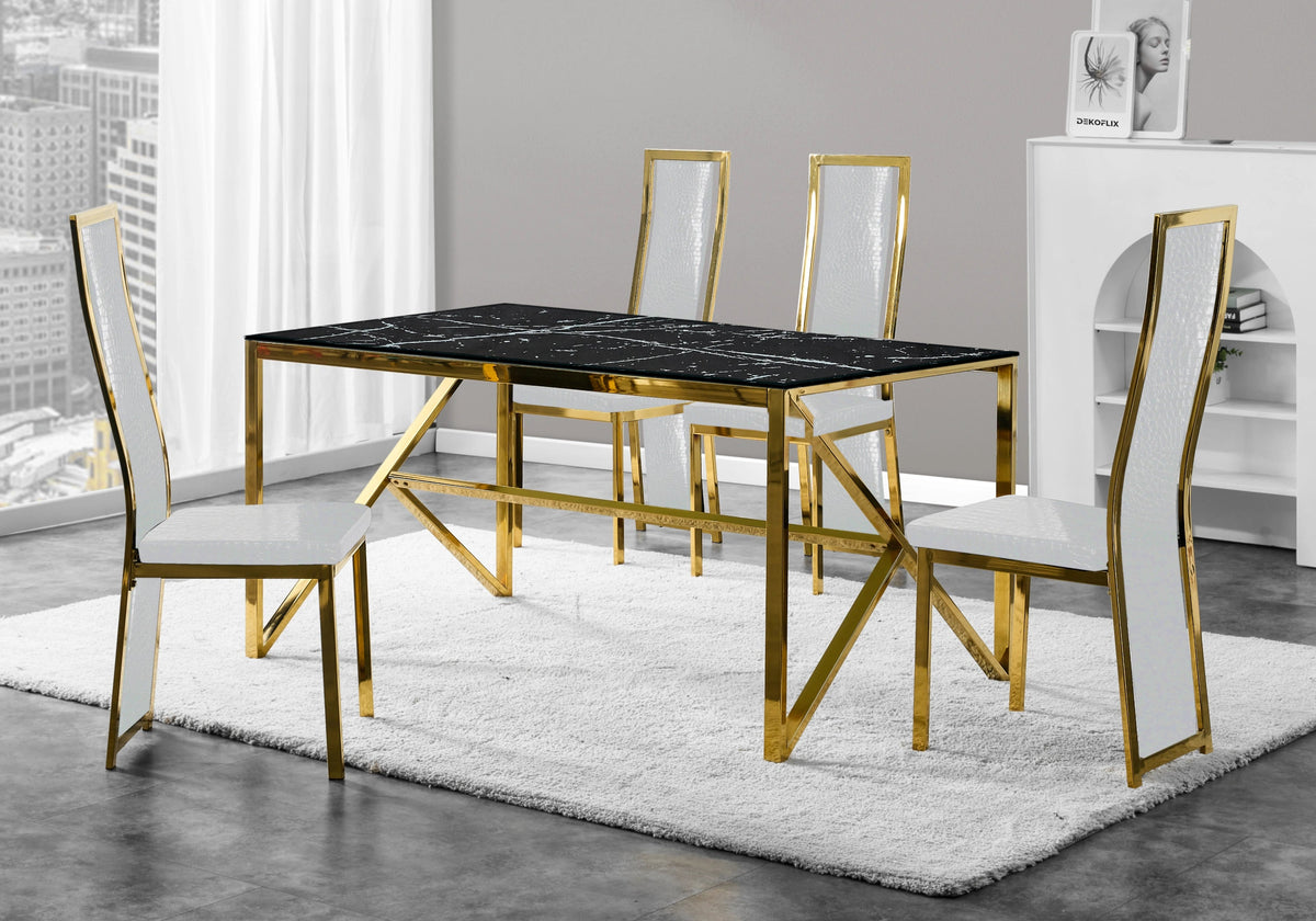Table marbre blanc et 6 chaises croco doré | Kiro