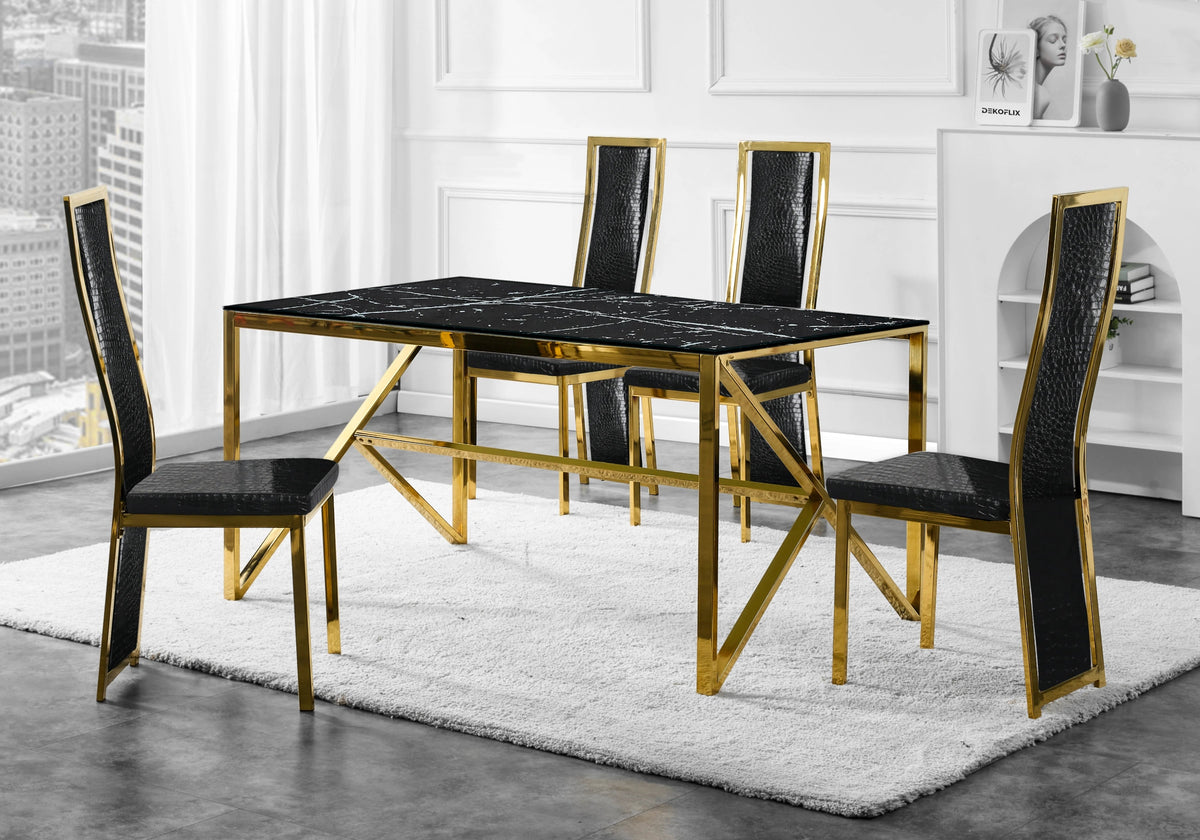Table marbre blanc et 6 chaises croco doré | Kiro