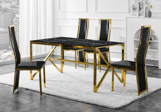 Ensemble table marbre noir et 6 chaises croco doré | Kiro