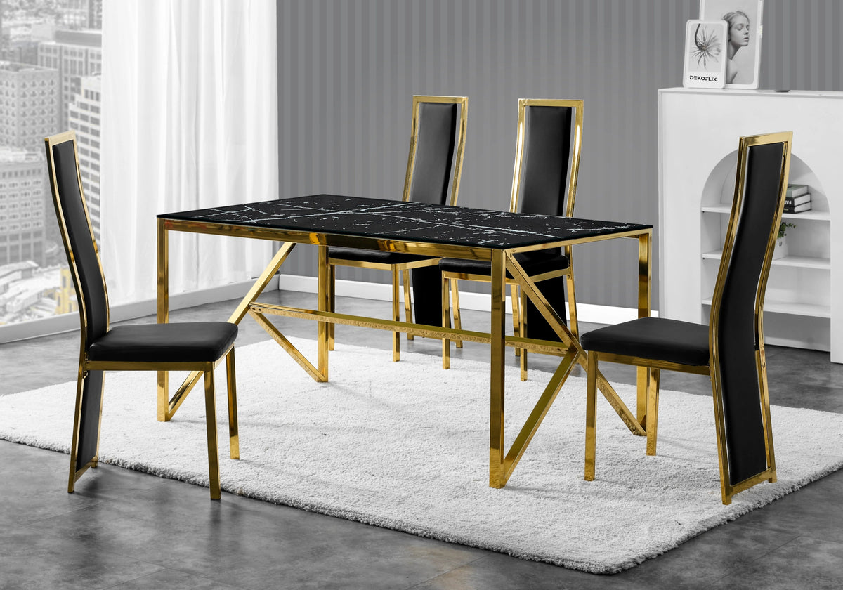 Table marbre noir et 6 chaises simili-cuir doré | Kiro