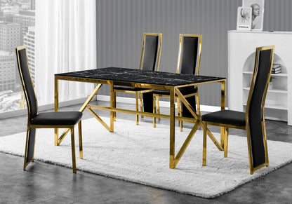 Table marbre noir et 6 chaises simili-cuir doré | Kiro
