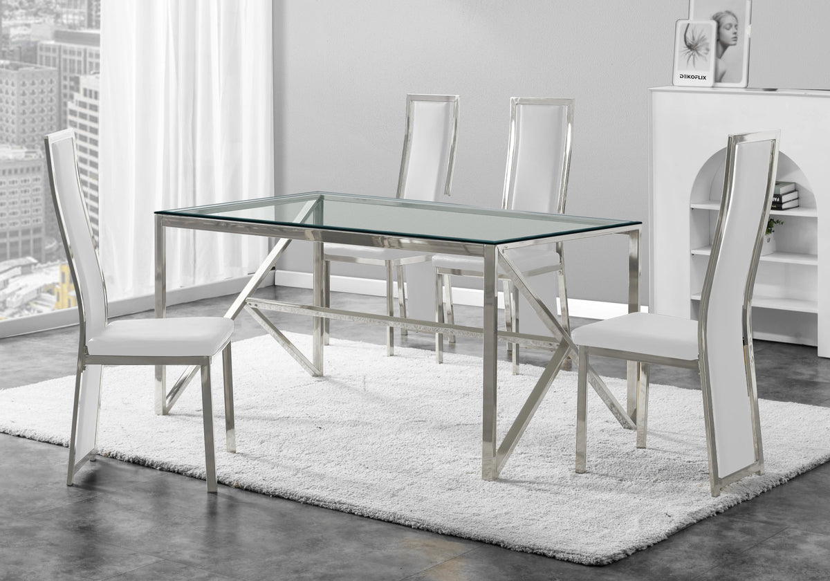Table verre et 6 chaises simili-cuir argent | Kiro