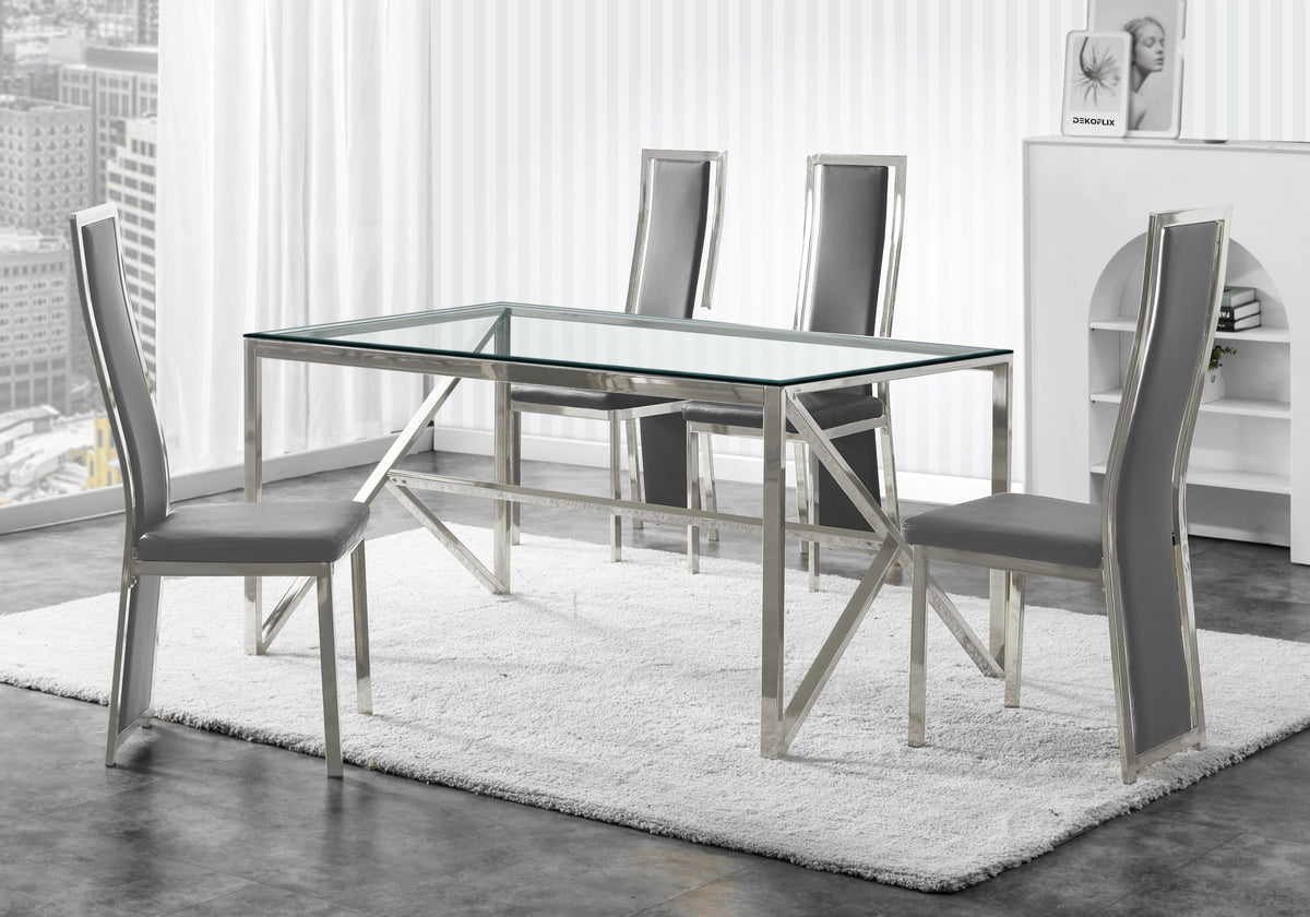 Table verre et 6 chaises simili-cuir argent | Kiro