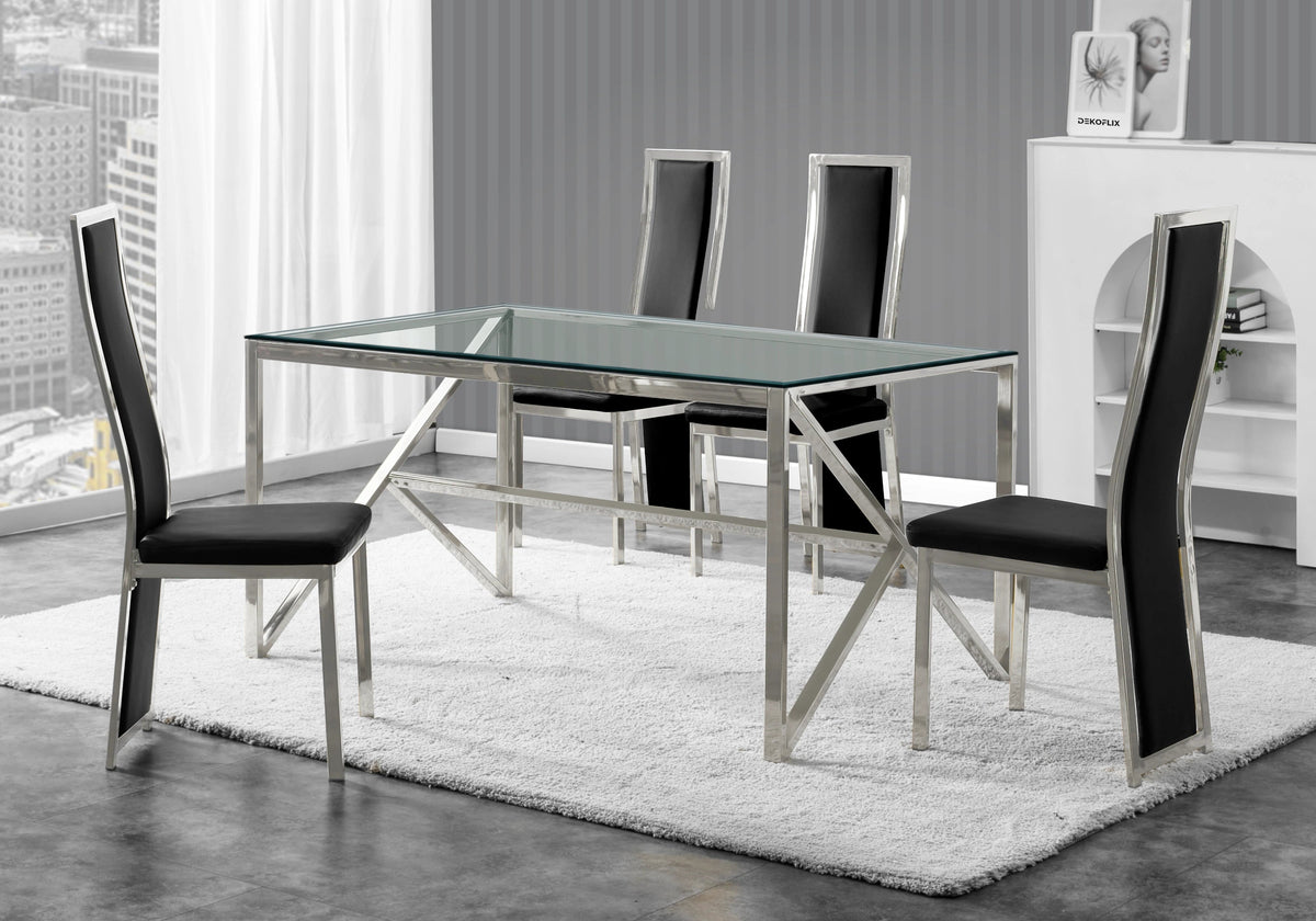Table verre et 6 chaises simili-cuir argent | Kiro