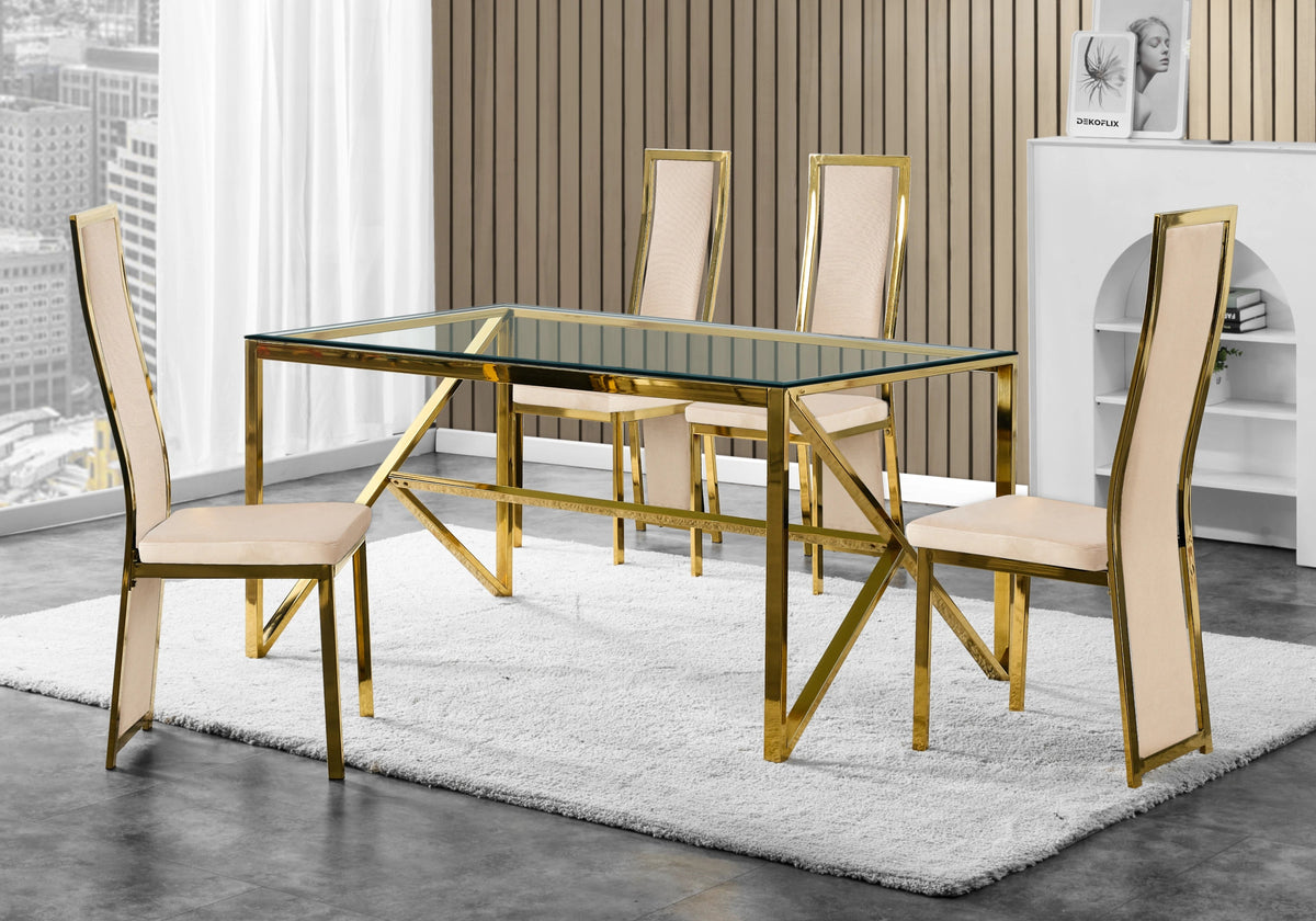 Ensemble table verre et 6 chaises velours doré | Kiro