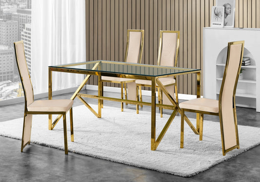 Ensemble table verre et 6 chaises velours doré | Kiro