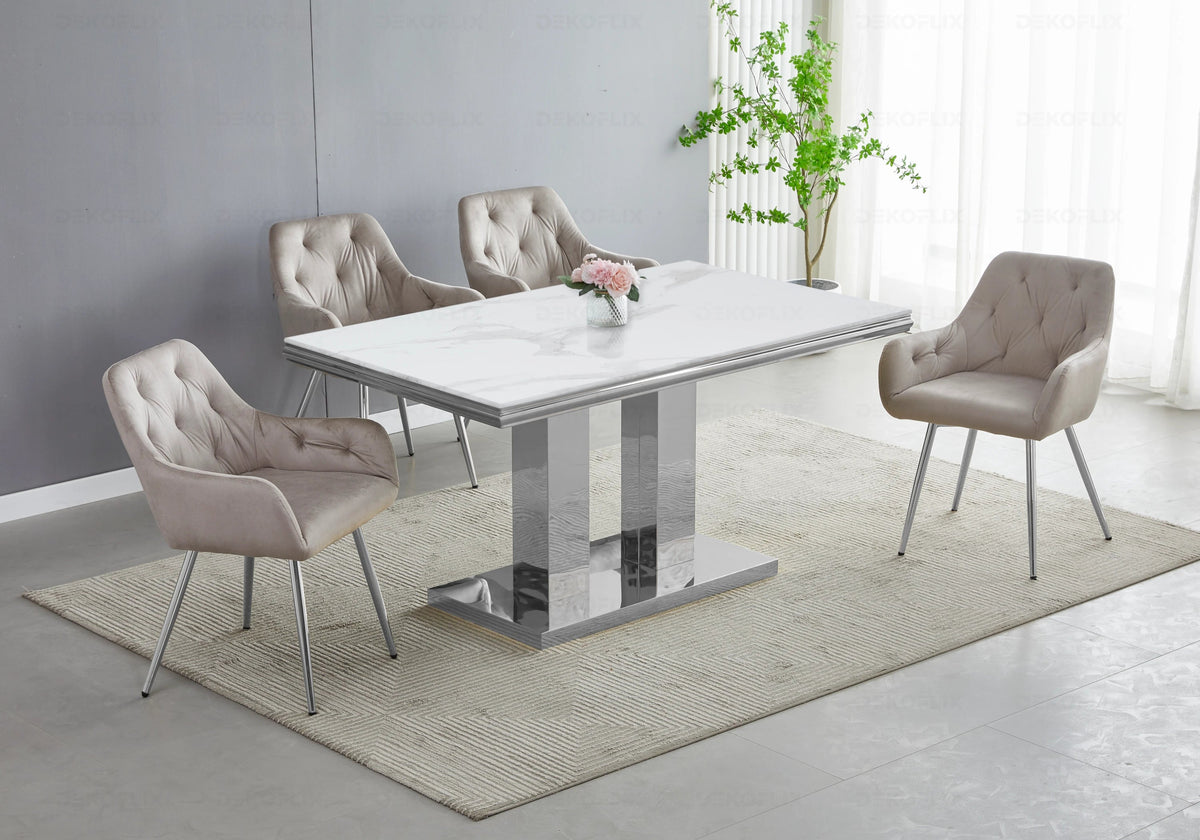 Table à manger design marbre blanc et argenté | Dyax