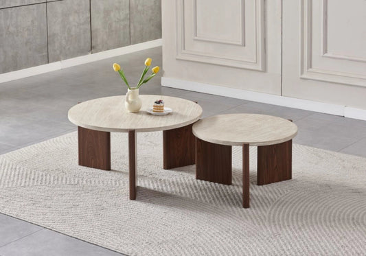 Tables basses gigognes travertin et noyer | Vexis