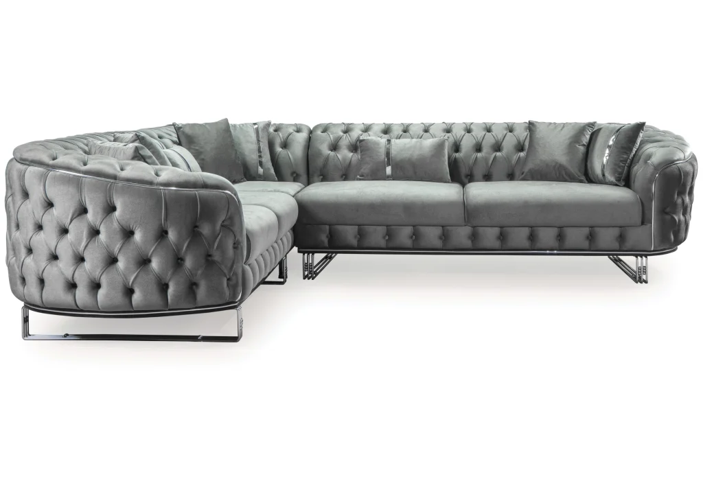 canapé turc angle capitonné velours gris doré chesterfield – paris droit.2