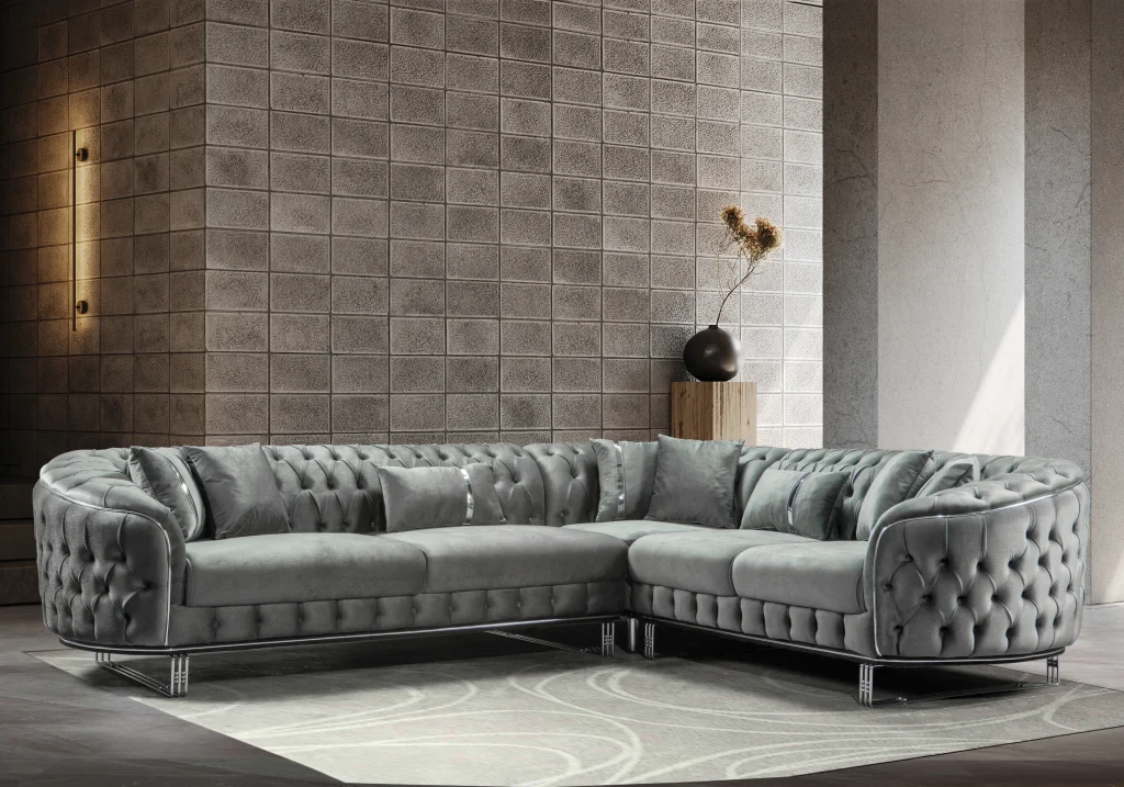canapé turc angle capitonné velours gris doré chesterfield – paris.1