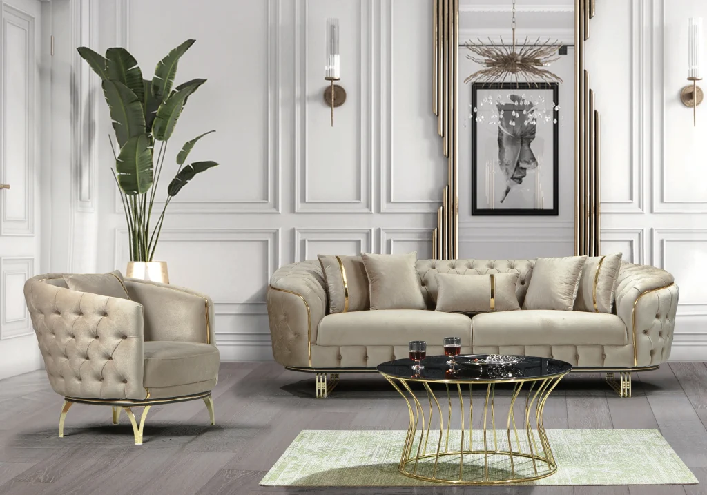 canapé turc capitonné velours beige doré chesterfield – paris.1