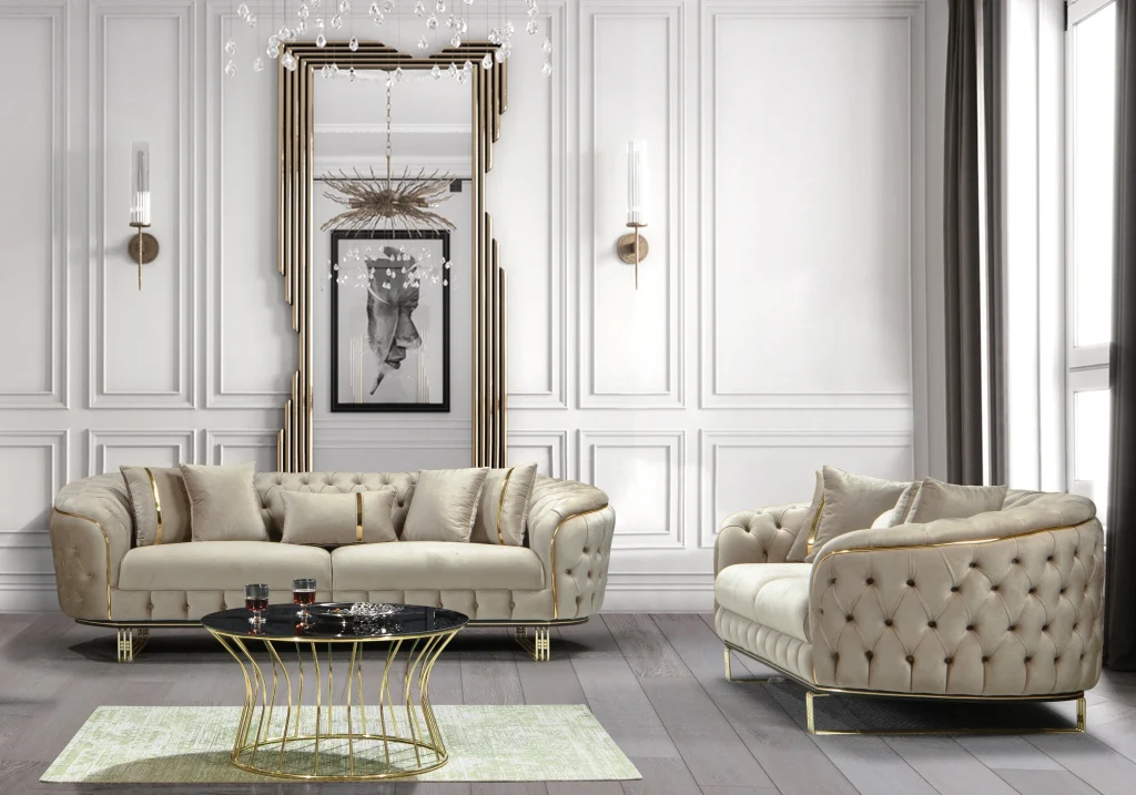 canapé turc capitonné velours beige doré chesterfield – paris.2