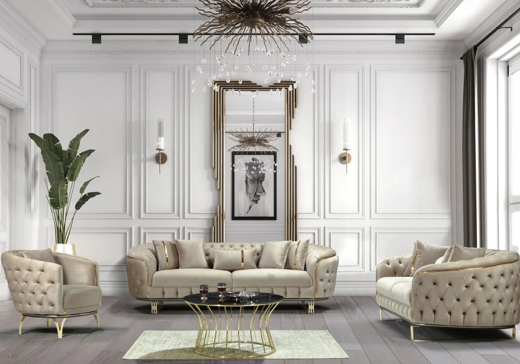 canapé turc capitonné velours beige doré chesterfield – paris.3