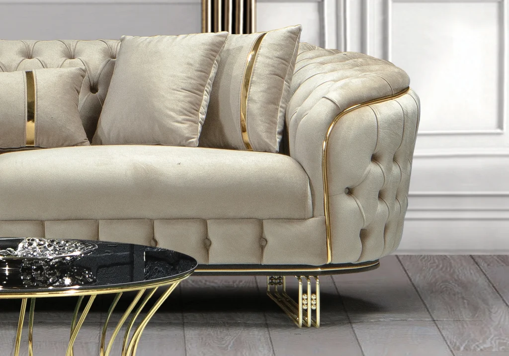 canapé turc capitonné velours beige doré chesterfield – paris.7